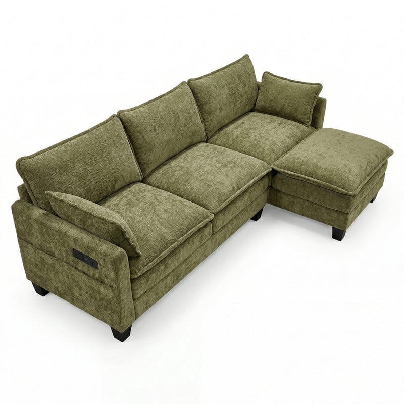 Howcool 110"W Modern Chenille Sectional Sofa with Ottoman,L-Shaped Modular Sofa Couch with USB Ports for Living Room,Green