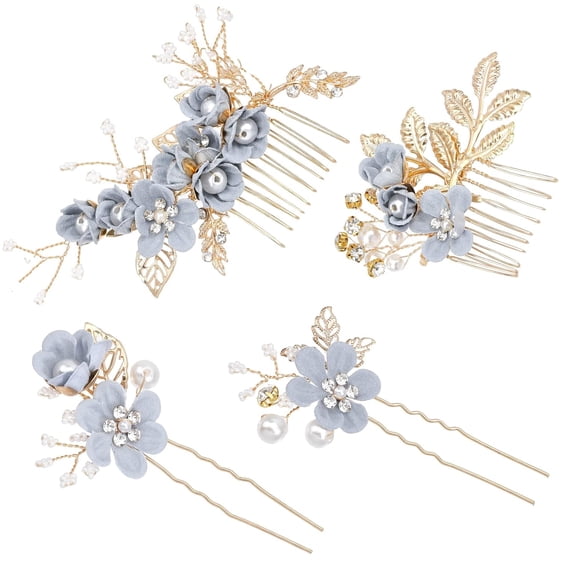 4Pcs Blue Bridal Comb Bridal Alloy Rhinestone Hair Combs Hair Forks Set with Pearl Beads Flower Hair Combs Bride Wedding Hair Clip Wedding
