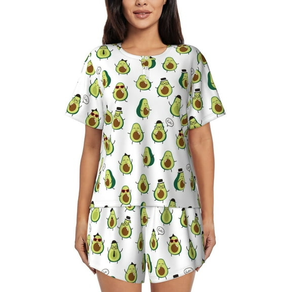 Gukieu Avocado Friends Print Women's Short-sleeved Pajama Set, Round Neck Button Top Elastic Shorts 2-piece Set, Summer Home Leisure Clothing-Small