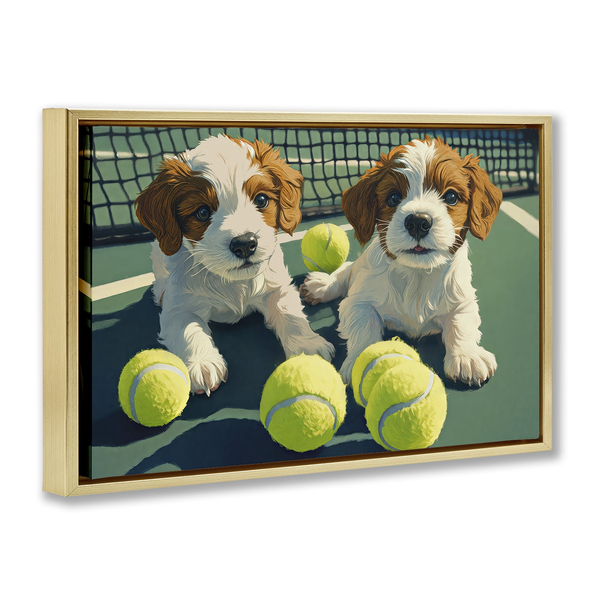 Stupell Industries Playful Puppies with Tennis Balls Gold Framed Floater Canvas Wall Art, design by Imagine It Images