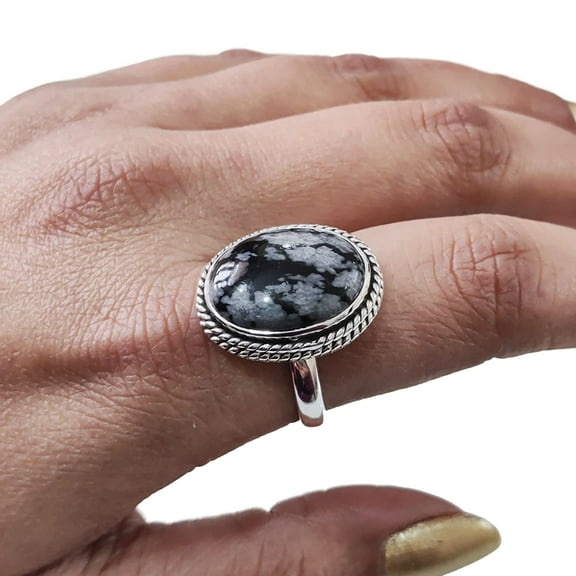 Natural Snowflake Obsidian Ring, Snowflake Obsidian Ring, Birthstone, Simple Band, 925 Sterling Silver, Womens Ring, Christmas, Thanksgiving, Handmade, Statement Jewelry, Natural Gemstone Ring