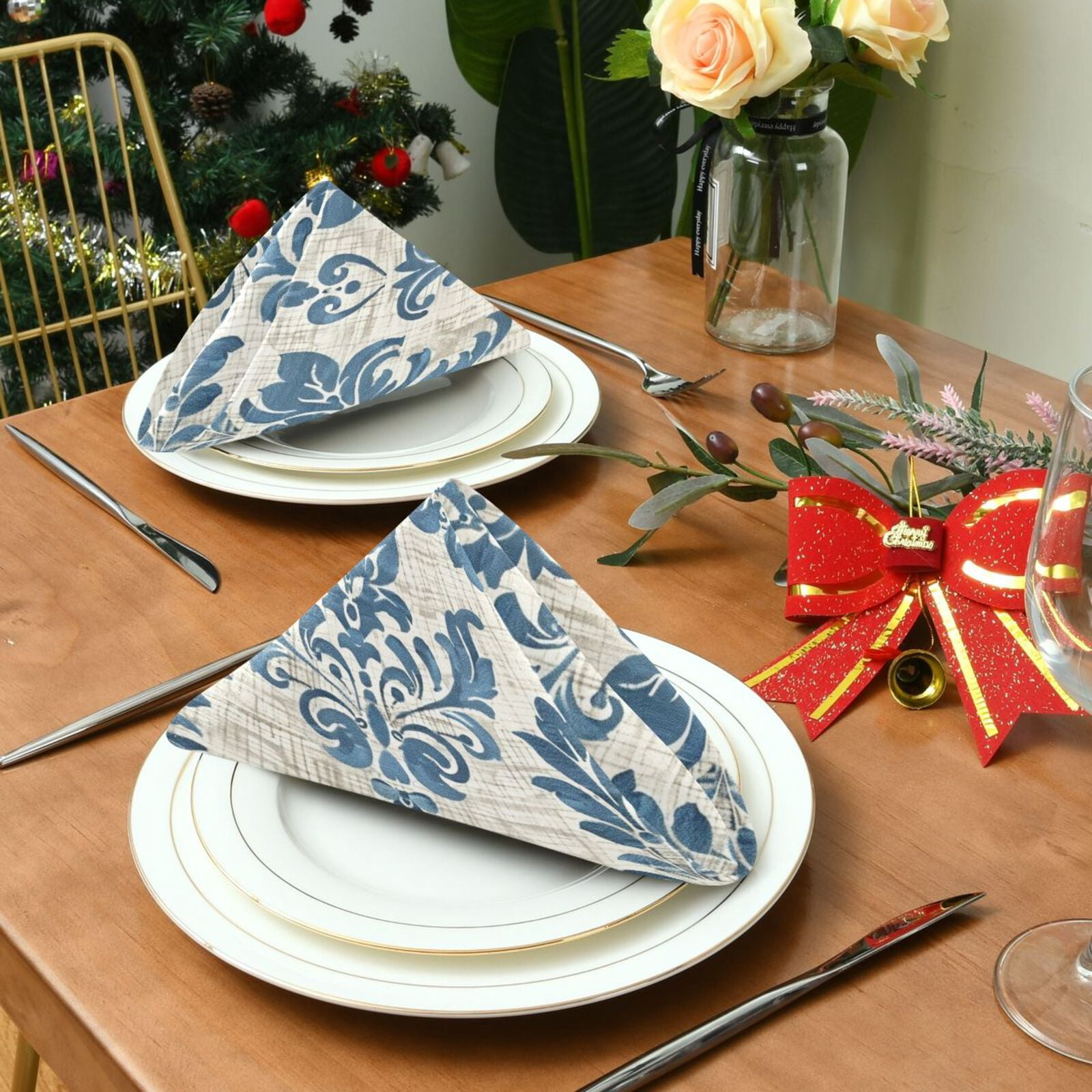 JSTEL Blue Arab Damask Flower Cloth Napkins Set of 6, 20x20 Inch Washable and Reusable Napkin for Decoupage Dinner Party Everyday Use