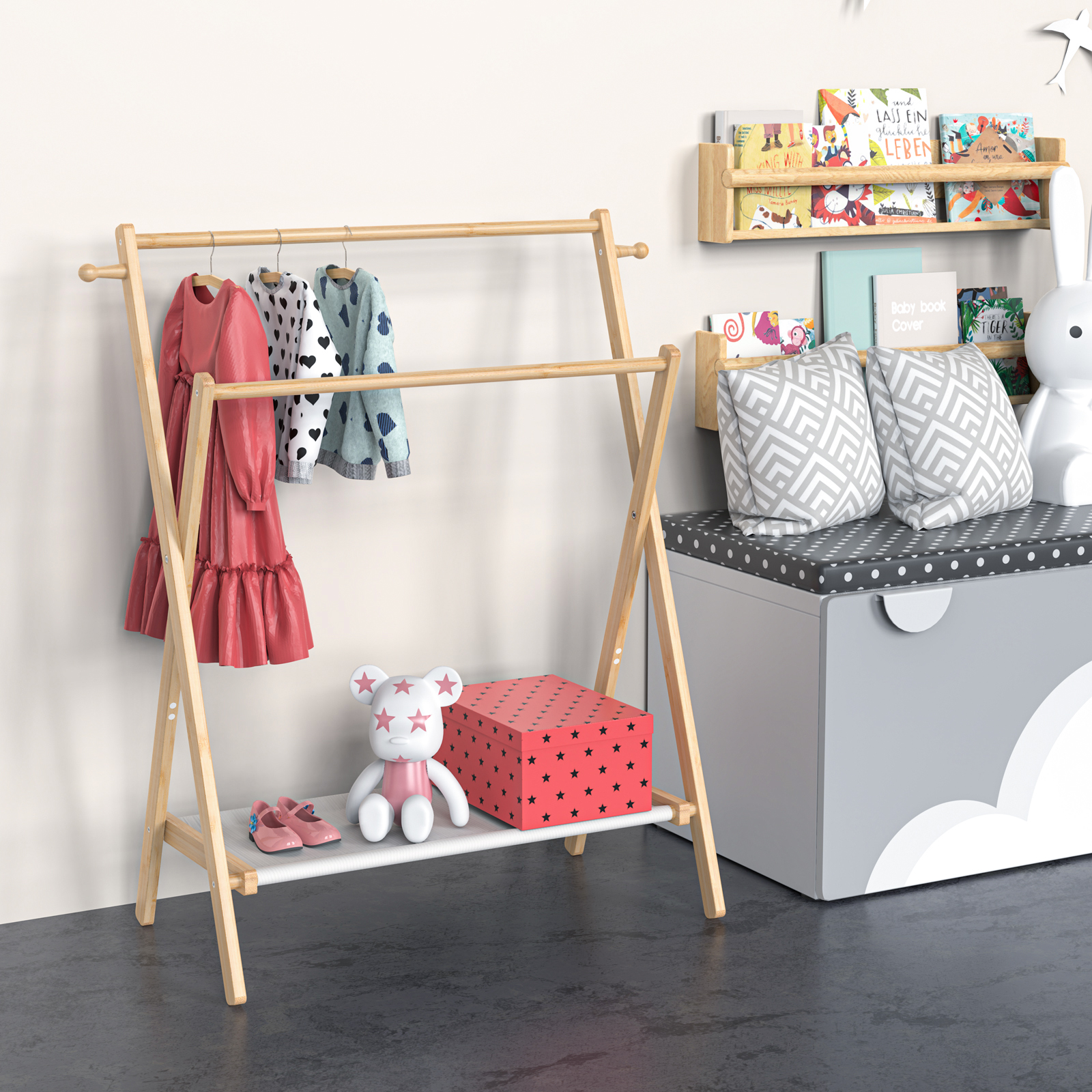 BAMBOOHOMIE Kids Clothes Rack, Bamboo Small Clothing Rack with Storage Shelf & 2 Rods, Foldable Child Garment Rack for Hanging Clothes, Regular Size