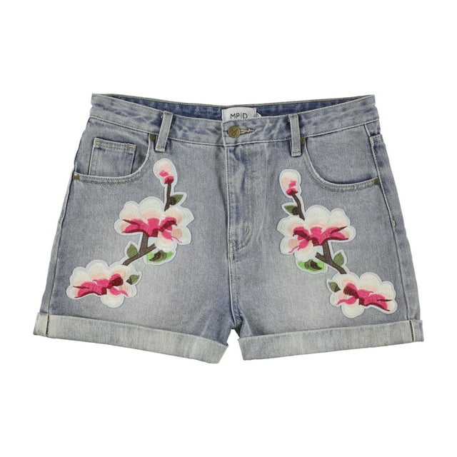 MinkPink - Pantalones cortos de mezclilla informales con parches florales para mujer, azul, extra pequeño