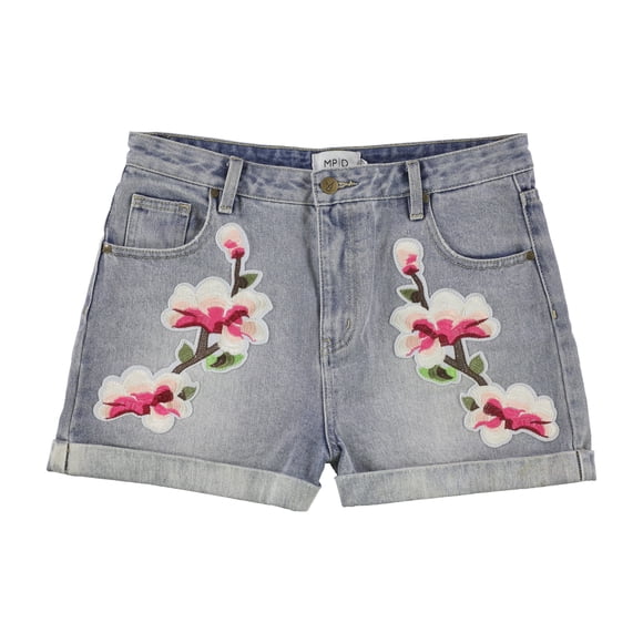 MinkPink - Pantalones cortos de mezclilla informales con parches florales para mujer, azul, extra pequeño