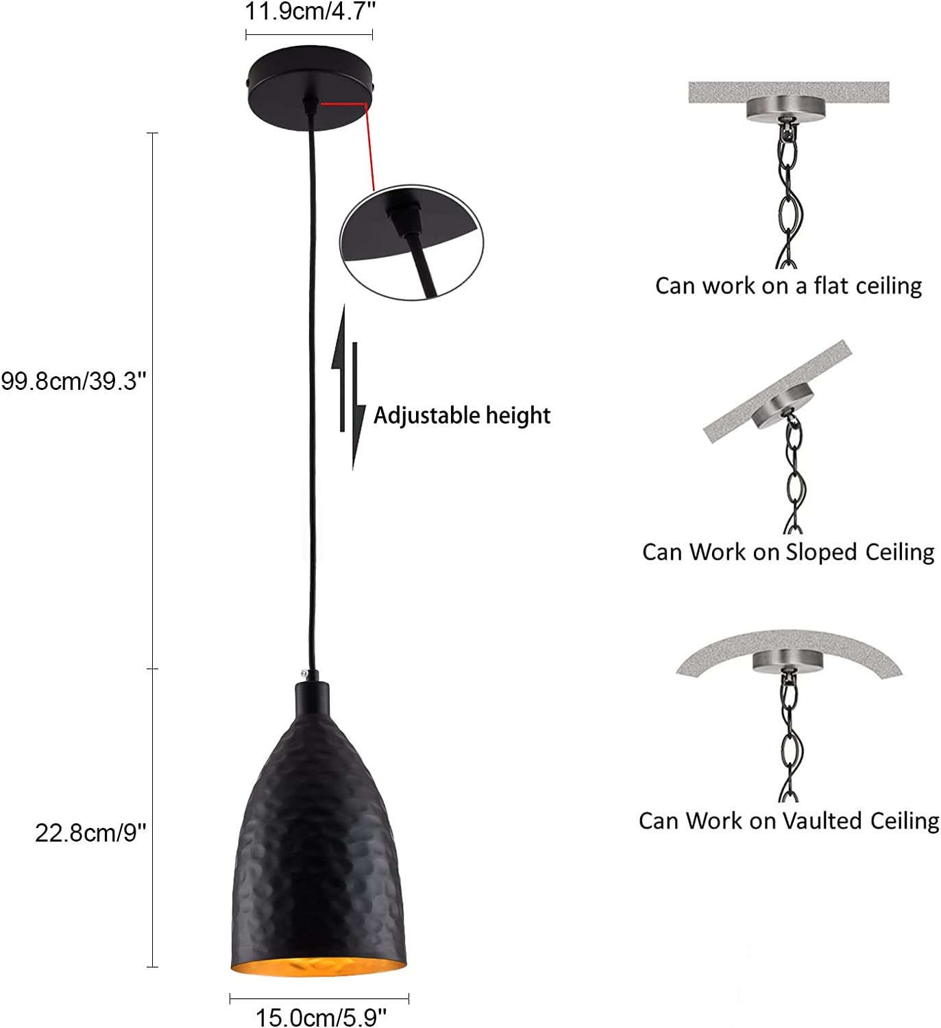 Miumaeov Black Metal Pendant Light, 1-Light Industrial Hanging Light Fixture Farmhouse Kitchen Island Pendant Lighting with 3ft Adjustable Cord, Industrial Dining Light Ceiling Lamp for Kitchen