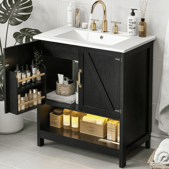EVOKEDEN 30" Bathroom Vanity w/ Ceramic Sink & LED Light, Freestanding Storage Cabinet w/ Organizer, Black