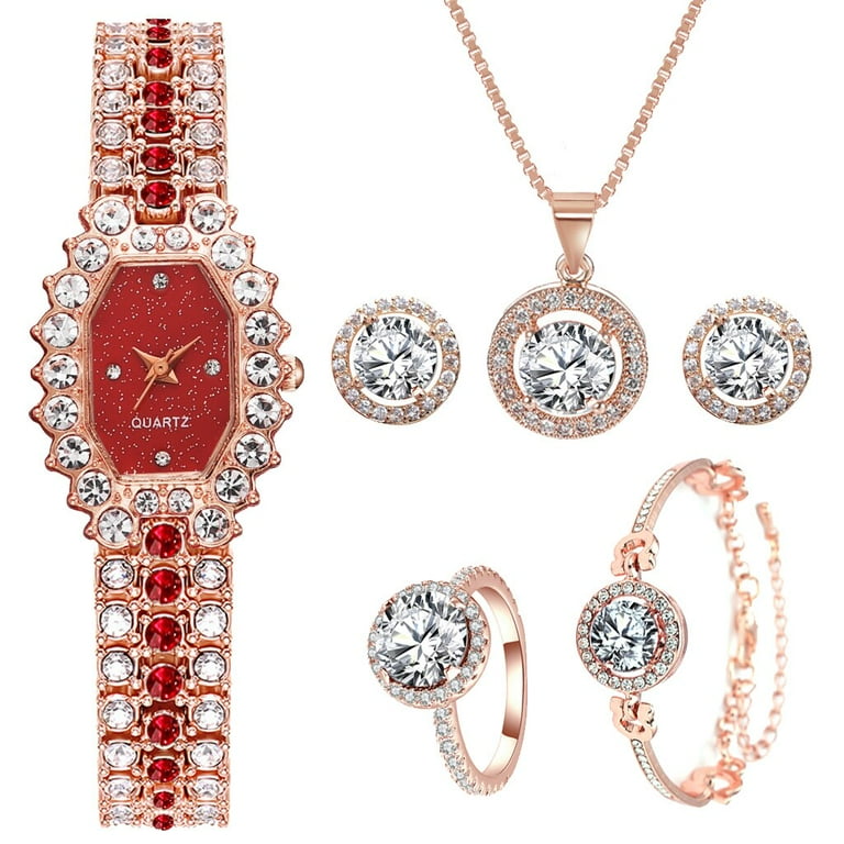 Luxury Ladies Watch 6pcs Set Bracelet Necklace Earrings Rings Square Watch Full Diamond Women Watch Fashion Crystal Quartz Clock