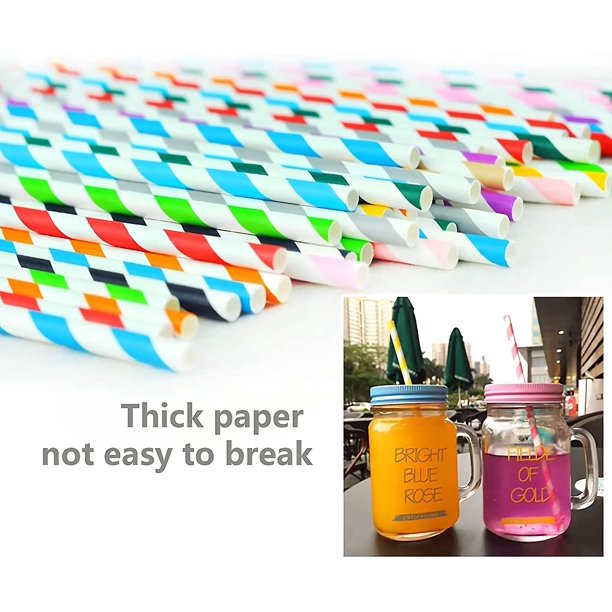 Pajitas de papel desechables de 100 piezas, color aleatorio biodegradable a rayas multicolor Qi Cheng