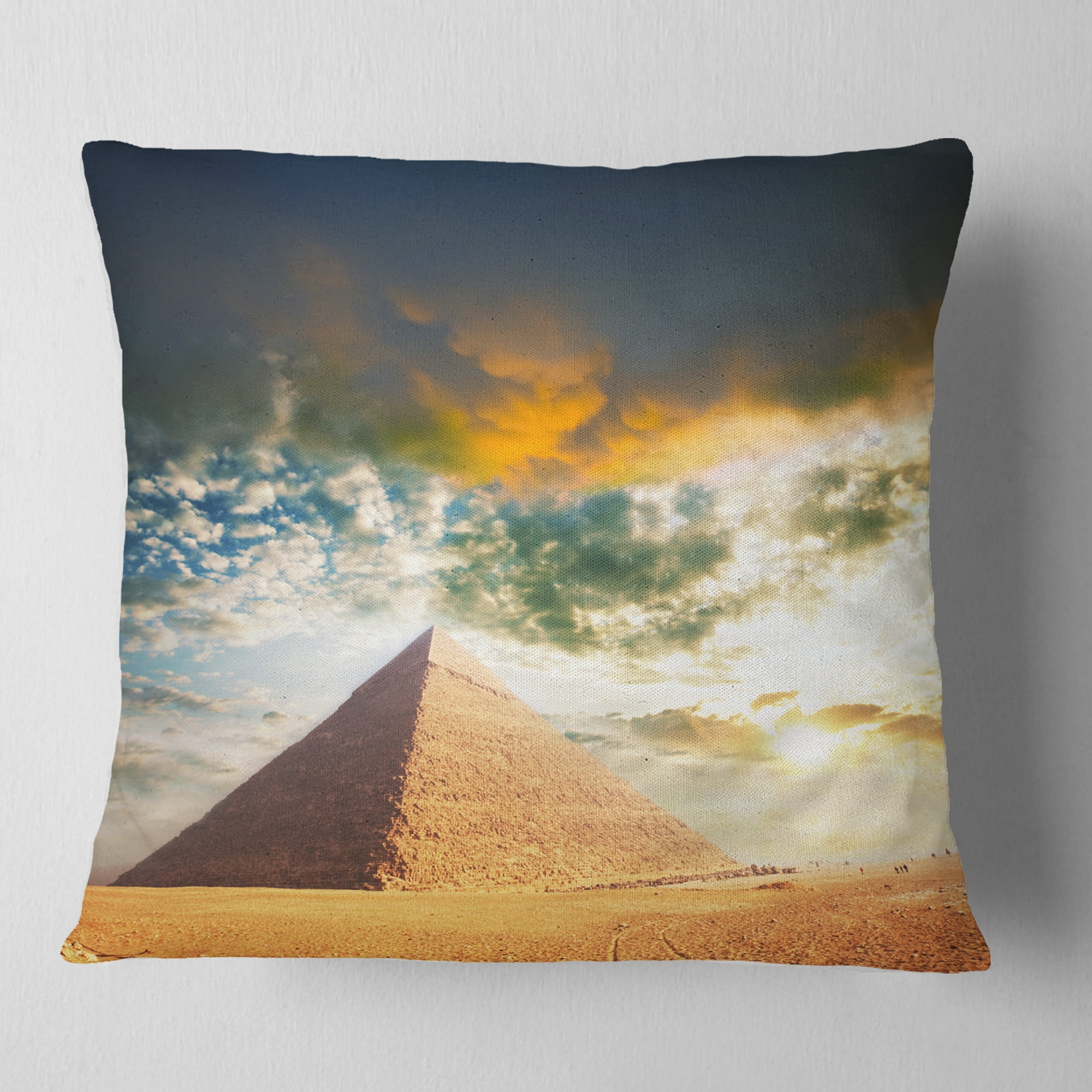 Designart Egyptian Pyramid under Cloudy Skies - Modern Landscape Printed Throw Pillow - 18x18