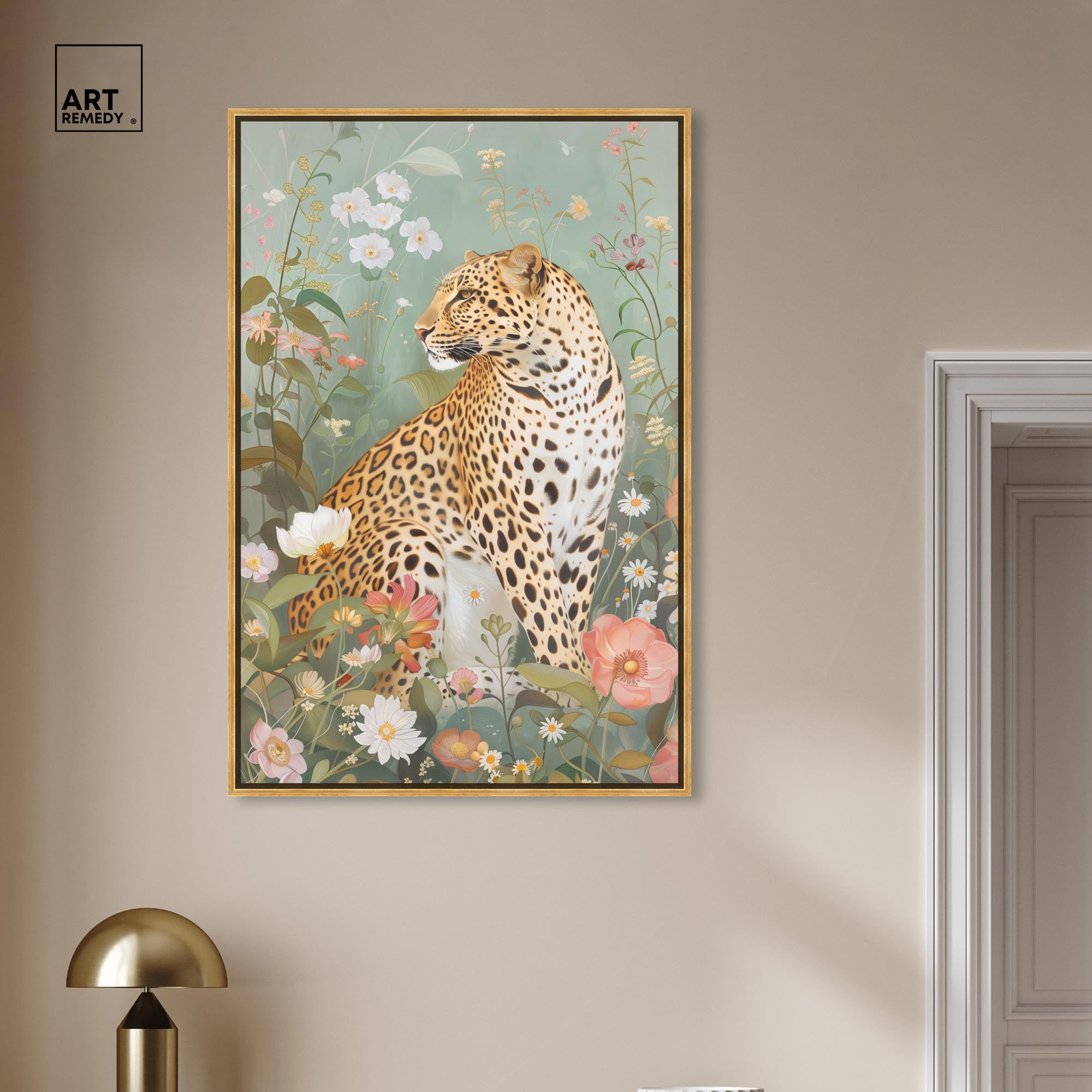 Leopard Spring Canvas Vintage Animal Art by Art Remedy, Gold Frame, 30" x 45"