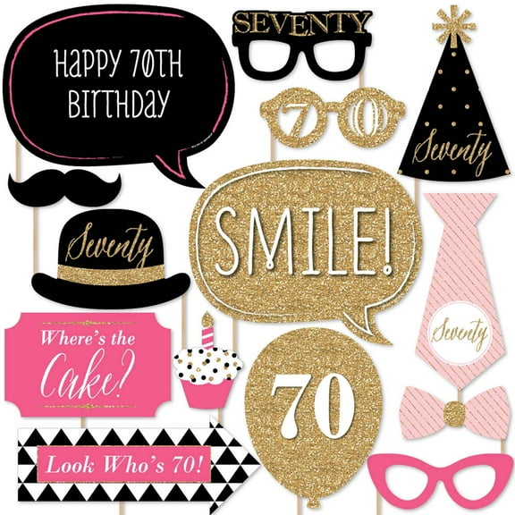 Big Dot of Happiness Chic 70th Birthday - Pink, Black and Gold - Photo Booth Props Kit - 20 Count