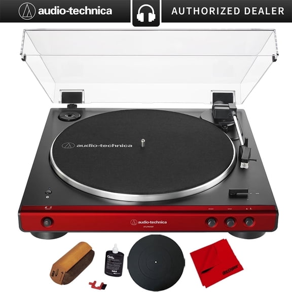Audio-Technica AT-LP60XBT-RD Fully Automatic Belt-Drive Bluetooth Stereo Turntable, Red/Black Bundle with Deco Gear Universal 12" Silicone Rubber Mat   Vinyl Record Cleaning Kit w/ Microfiber Cloth