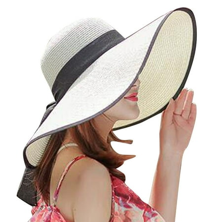 

Dadaria Bucket Hats Women Big Brim Straw Hat Sun Floppy Wide Brim Hats New Bowknot Folding Beach Cap White Women