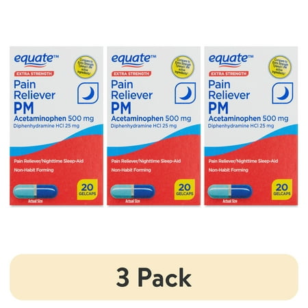 (3 pack) Equate Extra Strength Acetaminophen and Diphenhydramine HCl Nighttime Pain Relief Gelcaps, 20 Count