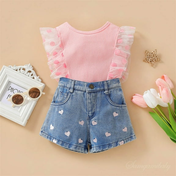 Wancir Kids Baby Girls Outfits Floral Ruffle Off Shoulder Crop Tops Bowknot Denim Shorts Skirt Set Toddler Summer Clothes