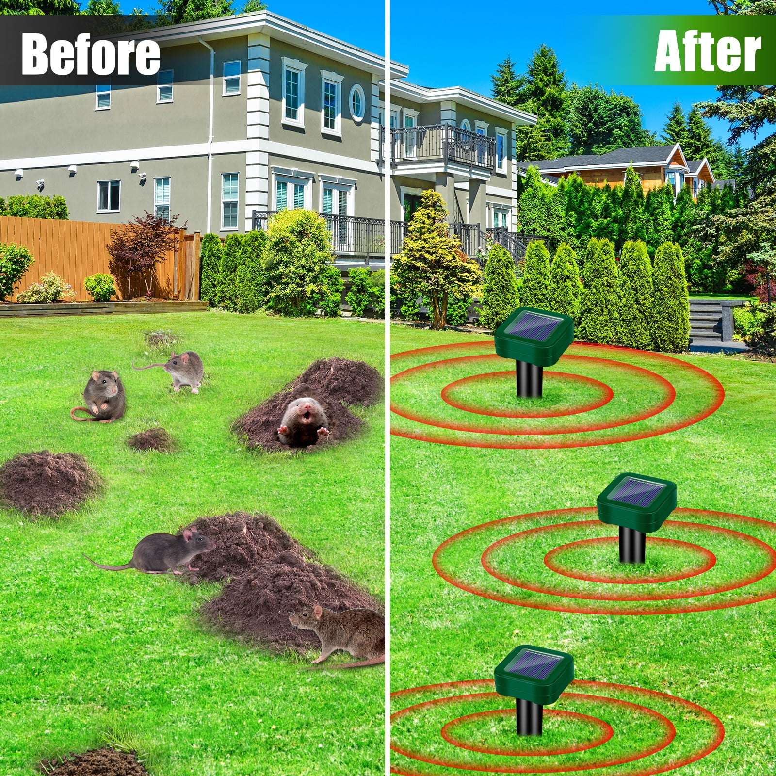 Paddsun Solar Mole Repellent, 8 Pack Ultrasonic Animal Repellent Outdoor Solar Powered Waterproof Sonic Burrowing Mole Deterrent Stake for Mole Snake for Yard Lawns