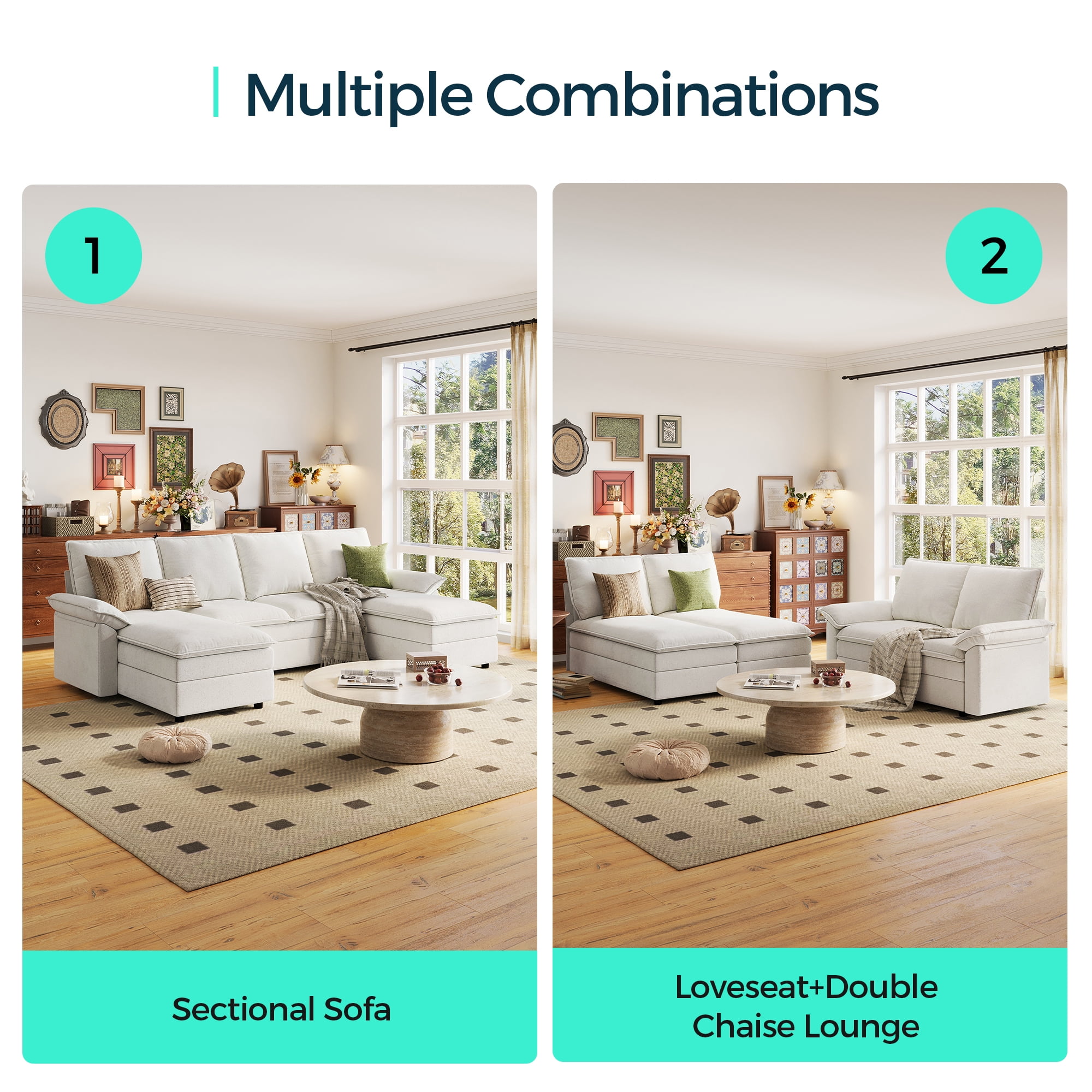 Linsy Home 115" Cloud Sectional Couches for Living Room, U-Shaped Sectional Sofa with Double Chaise, Beige
