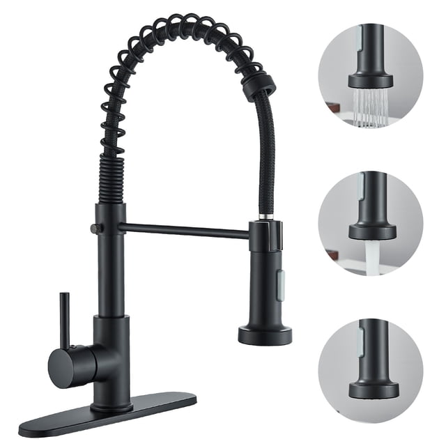 Negro Acero inoxidable Grifo de cocina 360° Giro Palanca única Extraíble Grifos comerciales Arco alto Agua caliente y fría Grifos mezcladores Con dos mangueras de acero inoxidable