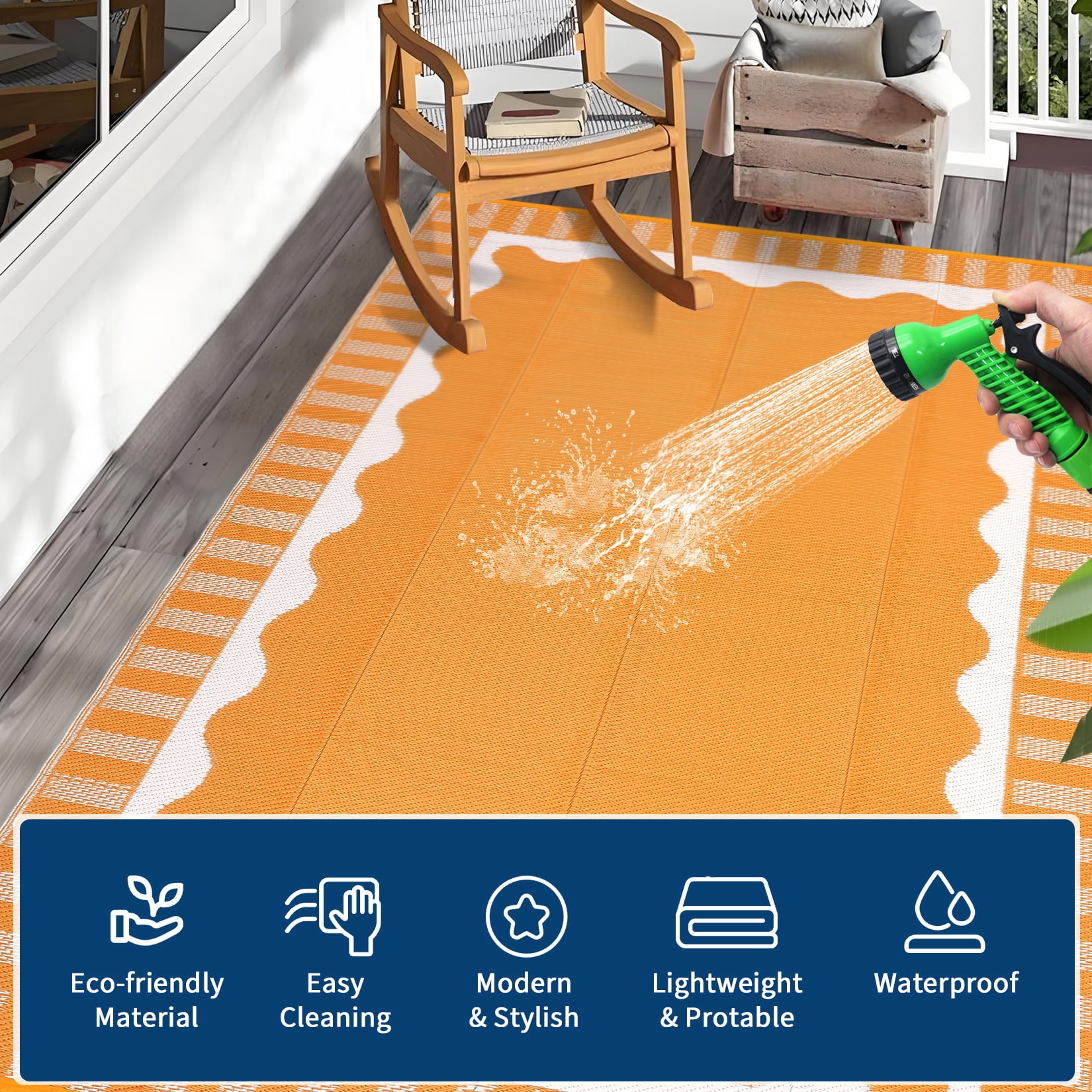 Nanan 9'x12' Outdoor Patio Rug Modern Scalloped Bordered Outdoor Rug Waterproof Reversible Plastic Straw Rug for Camping Picnic Deck Balcony, Orange