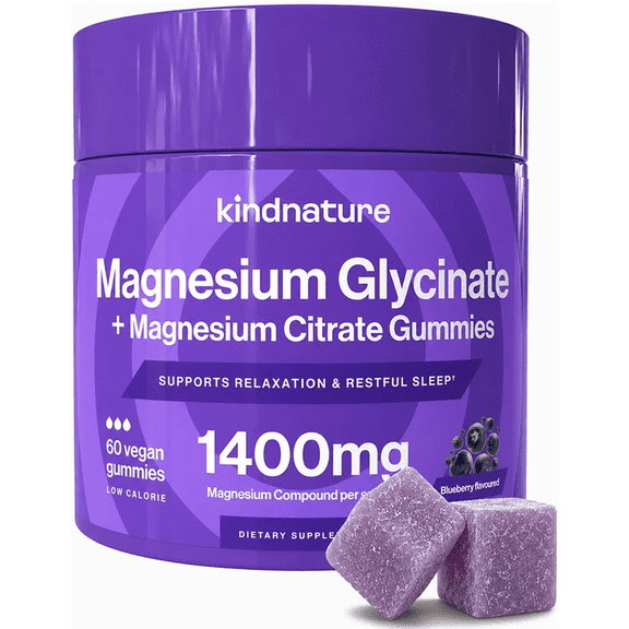 Kindnature Magnesium Glycinate Citrate Gummies, 215 mg Magnesium per Serving, Blueberry, 60 Count