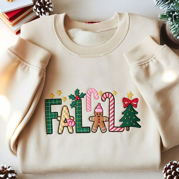 Falala Embroidered Sweatshirt, Colorful Christmas Shirt, Gingerbread Tee, Christmas Tree, Xmas Keepsake 2025 Gifts