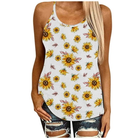 

YFPWM Summer Tunics for Women 2022 Floral Smocked Tops Business Office Top Plus Size Corset Top Business Causal Tops Sun Flower Print O-Neck Sleeveless Blouse