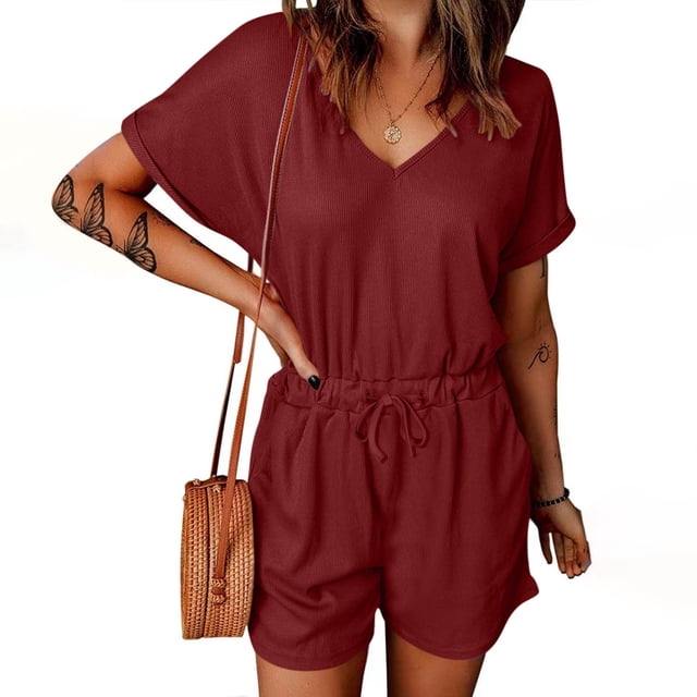 Combishort d'Été pour Femme à Manches Courtes, Côtelé, avec Poche, Rafraîchissant, à Cordon, pour Femme, Ample et Décontracté, Bourgogne, P