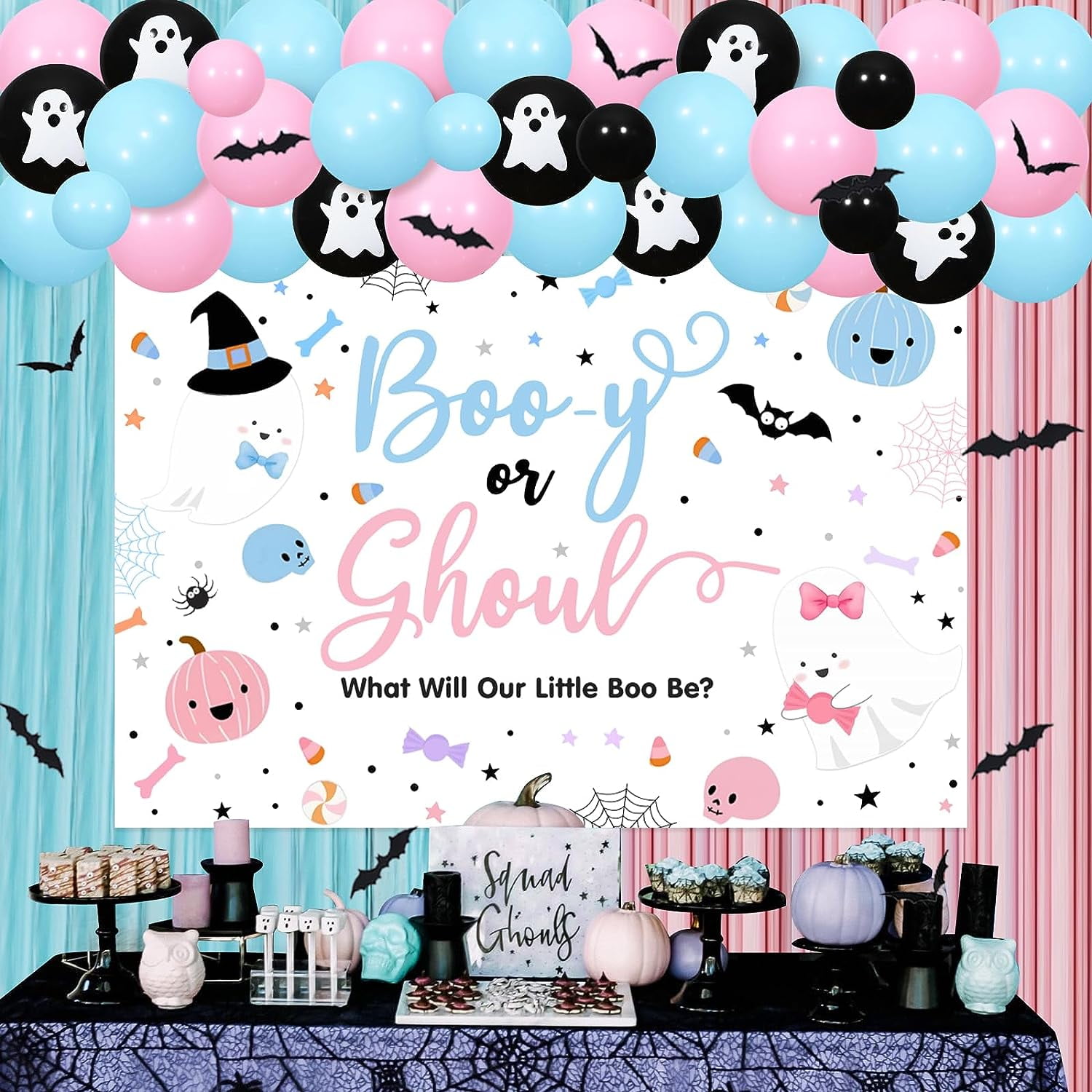 Halloween Gender Reveal Decorations, Boo-y or Ghoul Gender Reveal Backdrop Balloon Garland Arch Kit Bat Stickers for Halloween Spooky Ghost Pumpkin Baby Shower Little Boo Party Supplies