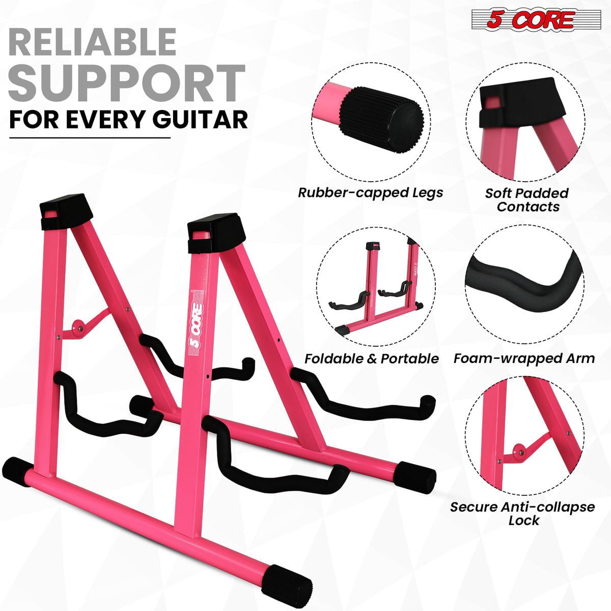 5Core Double Guitar Stand Floor Adjustable A Frame Folding Acoustic Electric Guitars Holder Stands