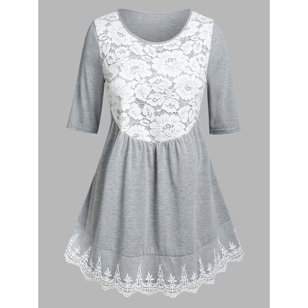 Camiseta Talla Extra Manga Larga Panel Encaje Rosegal Camisetas tallas grandes