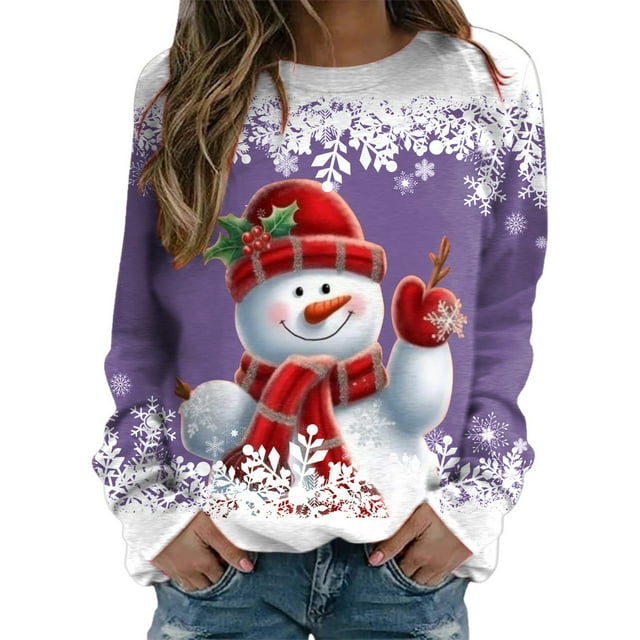 WEAIXIMIUNG Sweat à Capuche Zippé pour Femmes, Imprimé Joyeux Noël, Col Rond, Pull Décontracté à Manches Longues, Blouse Ample