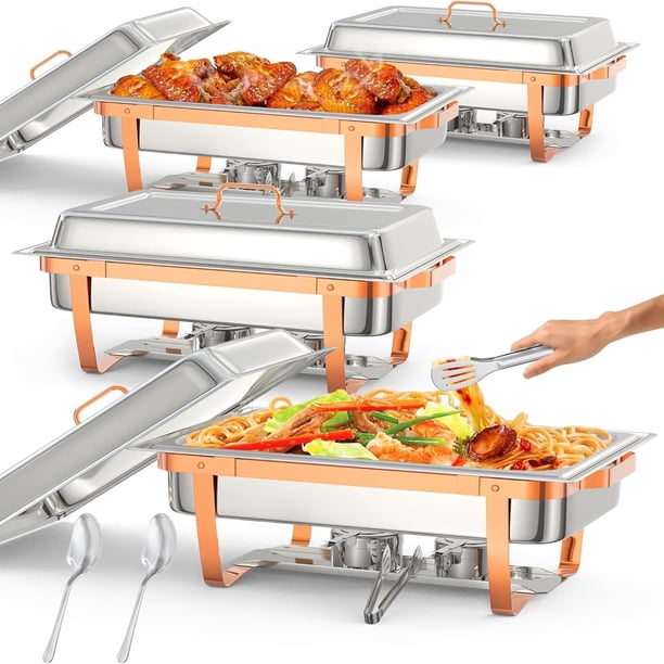 4-pack 8qt rectangle stainless steel chafing dish set con lid holders - rose gold buffet warmers (including food servers)