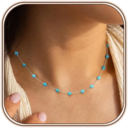 Western Jewelry Simulated Turquoise Necklaces for Women 18K Gold Plated/Siver Beaded Choker Boho Necklace Handmade Beach Summer Everyday Gifts for Her