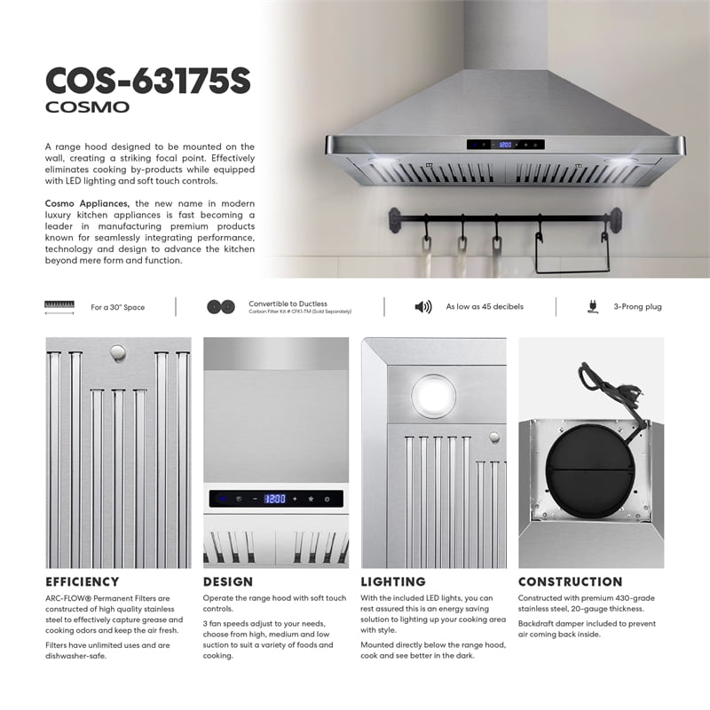 Cosmo 63175S 30 Inch Wall Mount Range Hood w/ Digital Controls, Stainless Steel