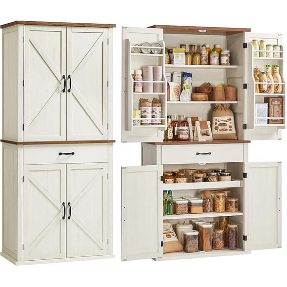 VASAGLE LIRY Collection - Pantry Cabinet, 70.3-Inch Tall Farmhouse Kitchen Storage Cabinet with Barn Doors, Drawer, Tray, Adjustable Shelves, for Kitchen, Dining Room, Rustic White