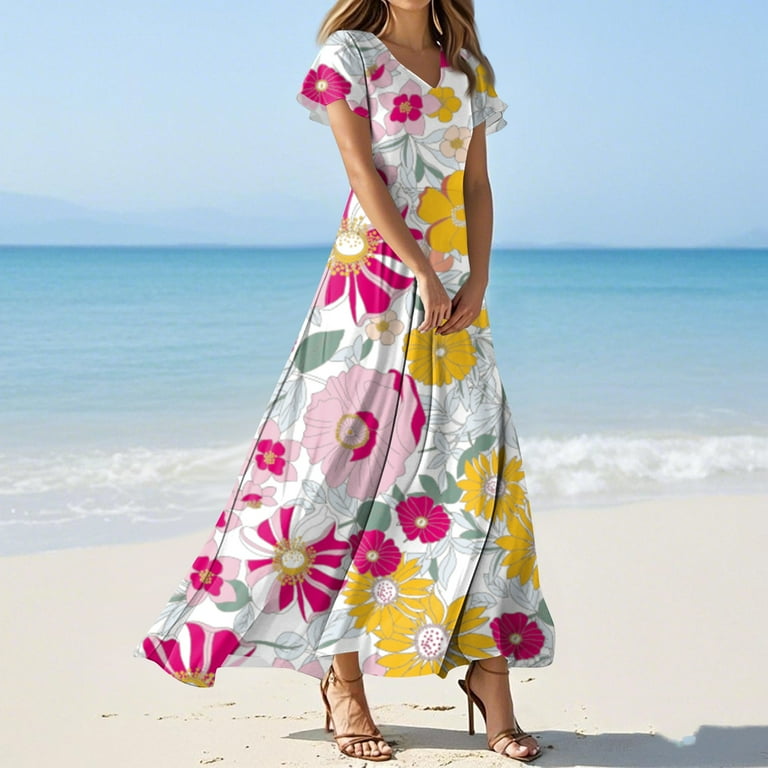Namtyqx Summer Dresses for Women 2025 V Neck Chiffon Floral Maxi Dress Dresses for Women 2025 Casual Spring Light Purple Size L, Women's, Size: Large