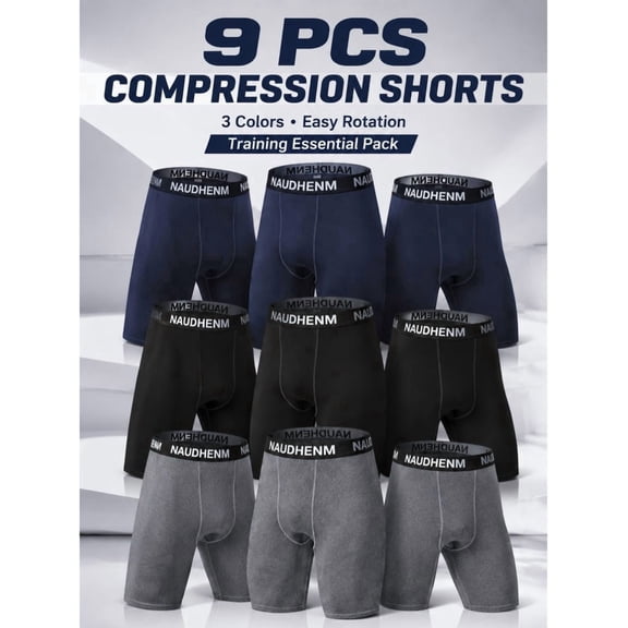 9-pc Men'S Compression Shorts, Performance Sport Boxer Briefs, Moisture Wicking Active Underwear for Men, Quick Dry Athletic Underwear, High Waist Workout Base Layer for Gym Running Sports