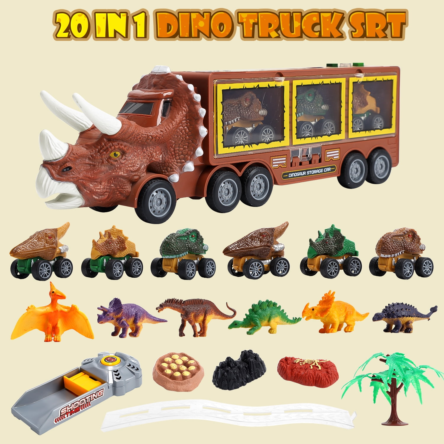 JoyStone 20 in 1 Dinosaur Truck Toys with Lights & Sounds,  Dinosaur Play Set for Kids 3-5 Years, Including 6 Pull Back Cars, 6 Dino Figures, Birthday Gift for Boys Girls, Brown