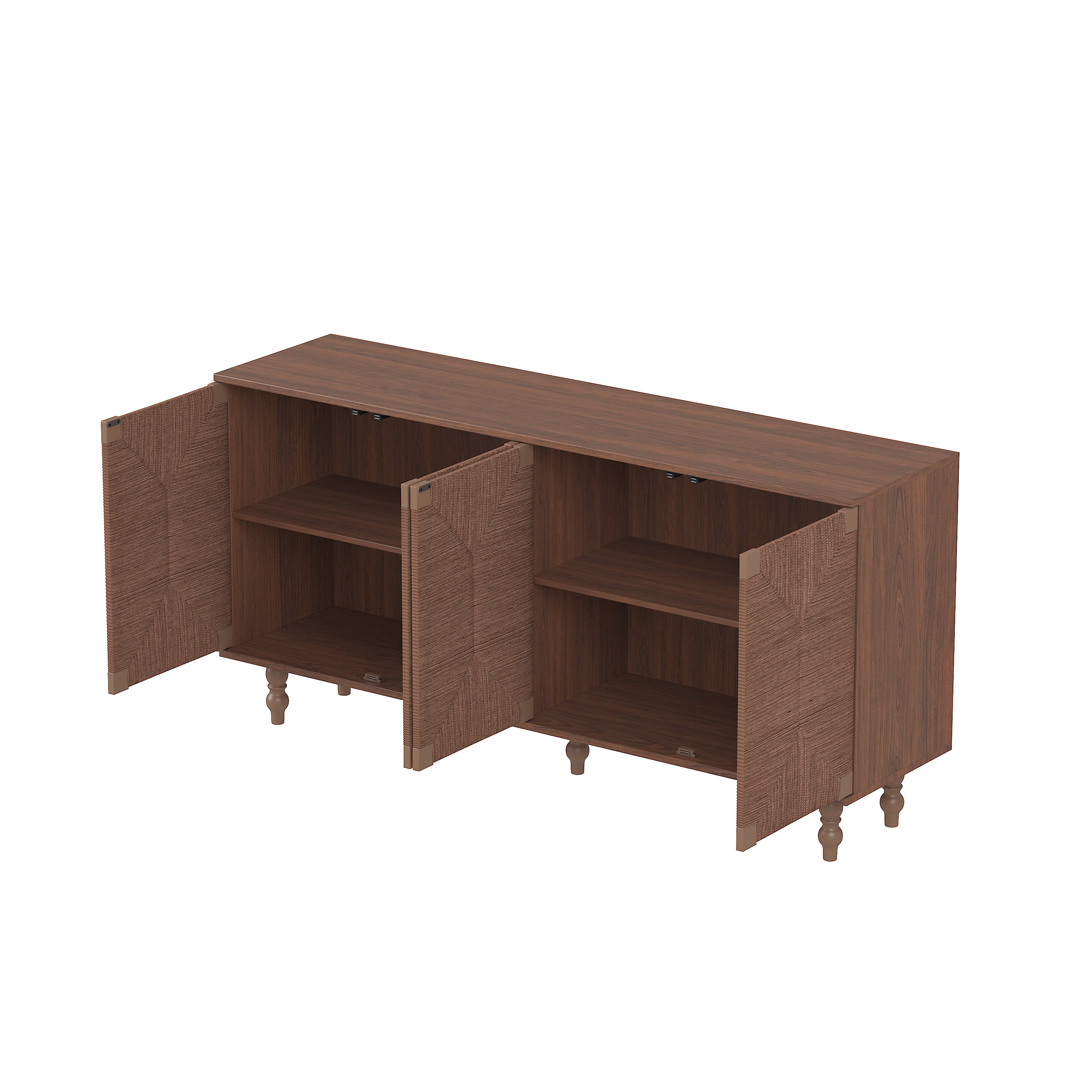 GARITIN Sideboard Buffet Cabinet, Accent Storage Wood TV Stand with Wire-Brushed Seagrass Doors, 4-Compartment Cabinet for Hallway Entryway Dining Room, Brown