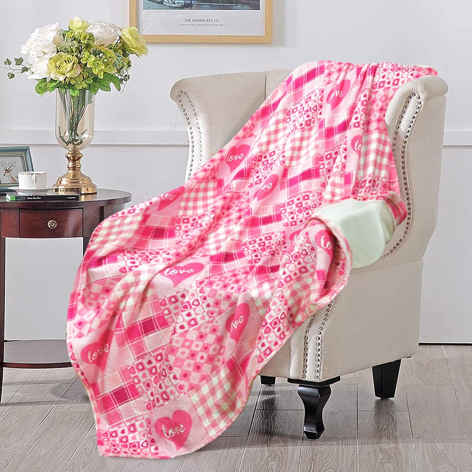 Valentine s Day Throw Blanket Pink Love Heart Bed Blanket Plaid Checked Soft Warm Blanket Throw Flannel Cozy Blanket for Couch Bedding Sofa Bedroom 50 x 60 inch Walmart