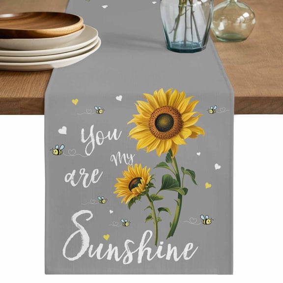 Sunflowers Cotton Linen Table Runner for Dining Kitchen, Spring Summer Bees Yellow Floral Grey Wedding Outdoor Party Tablerunners Decoration, Dresser Scarf Coffee Tablecloth Runners 13x90 Inches