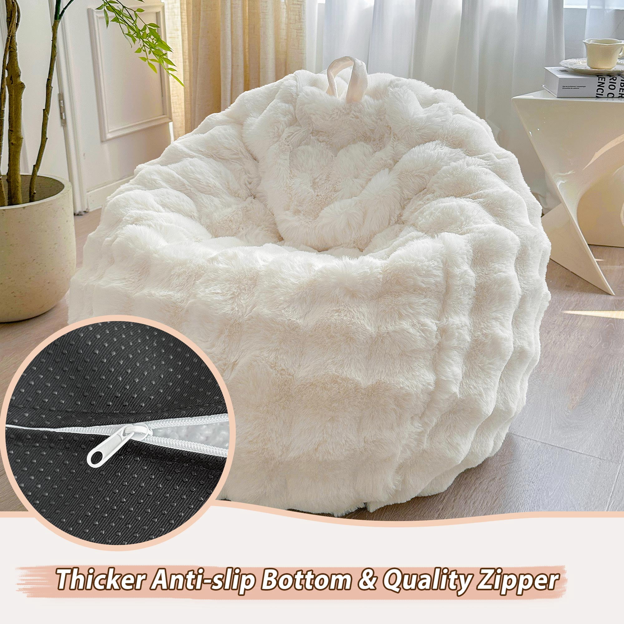 LIFEREVO Kids Fluffy Faux Rabbit Fur Bean Bag Chair Cover (No Filler), Soft Luxury Fuzzy Stuffed Animal Storage Bubble Bean Bag Home Decor, Comfy Shaggy Furry Beanbag Cover Kids Girls Adults, Beige