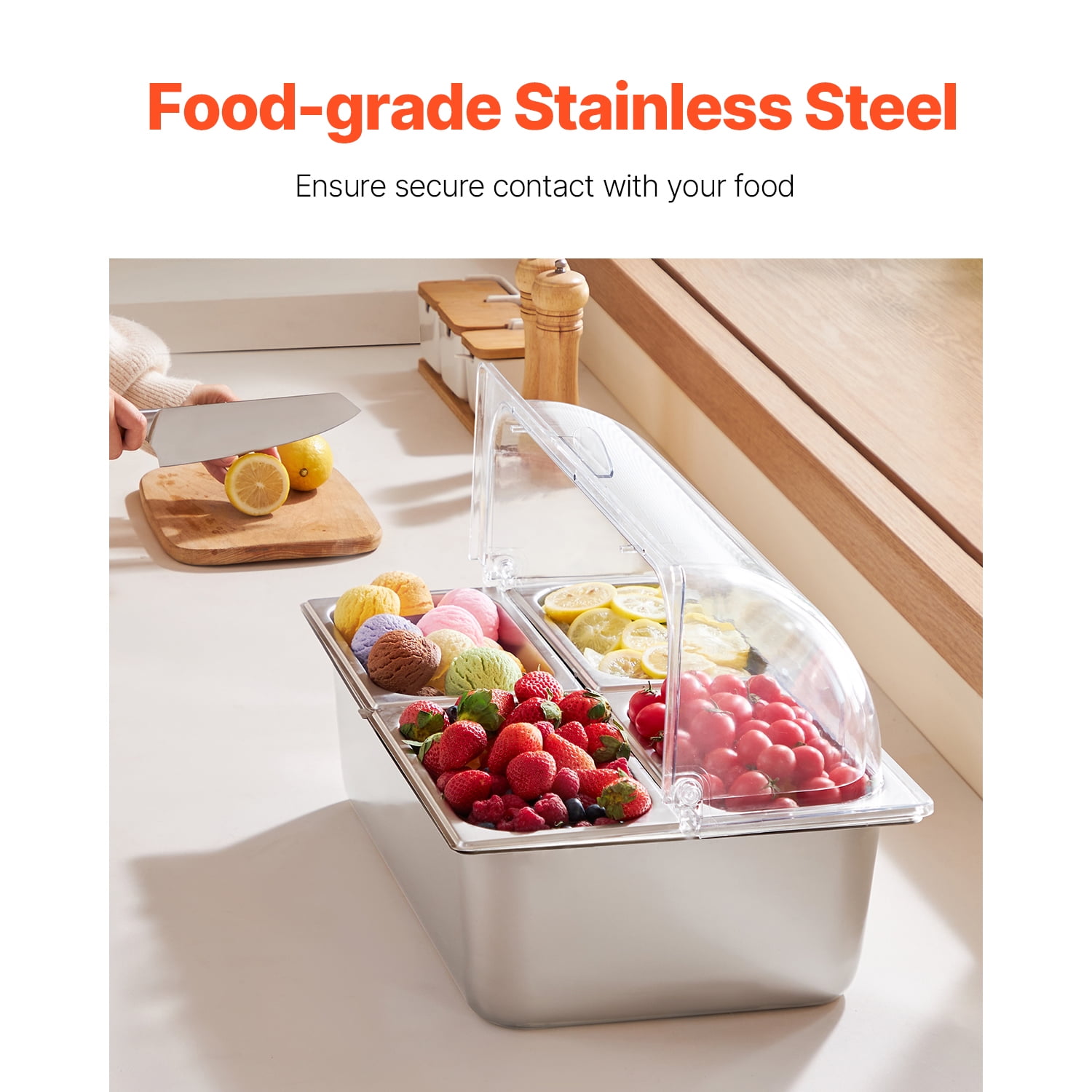 KFFKFF Tabletop Meal Presentation Storage Unit, Quad Compartment Metal Food Serving Platter, Cafeteria Garnish Distributor Stand with Transparent Cover & Trio of Cooling Bins