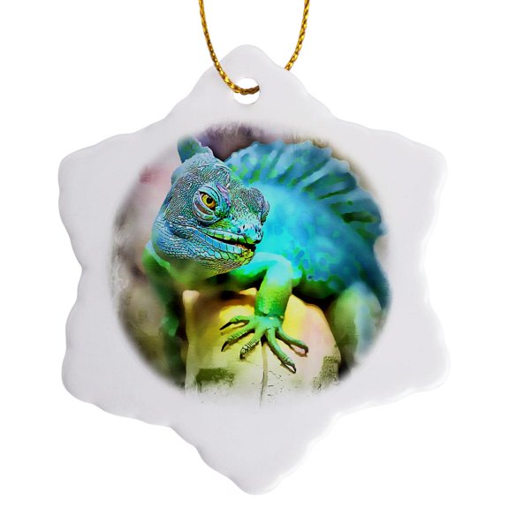 3drose, Iguana Watercolor Illustration, 3 inch Snowflake Porcelain Ornament