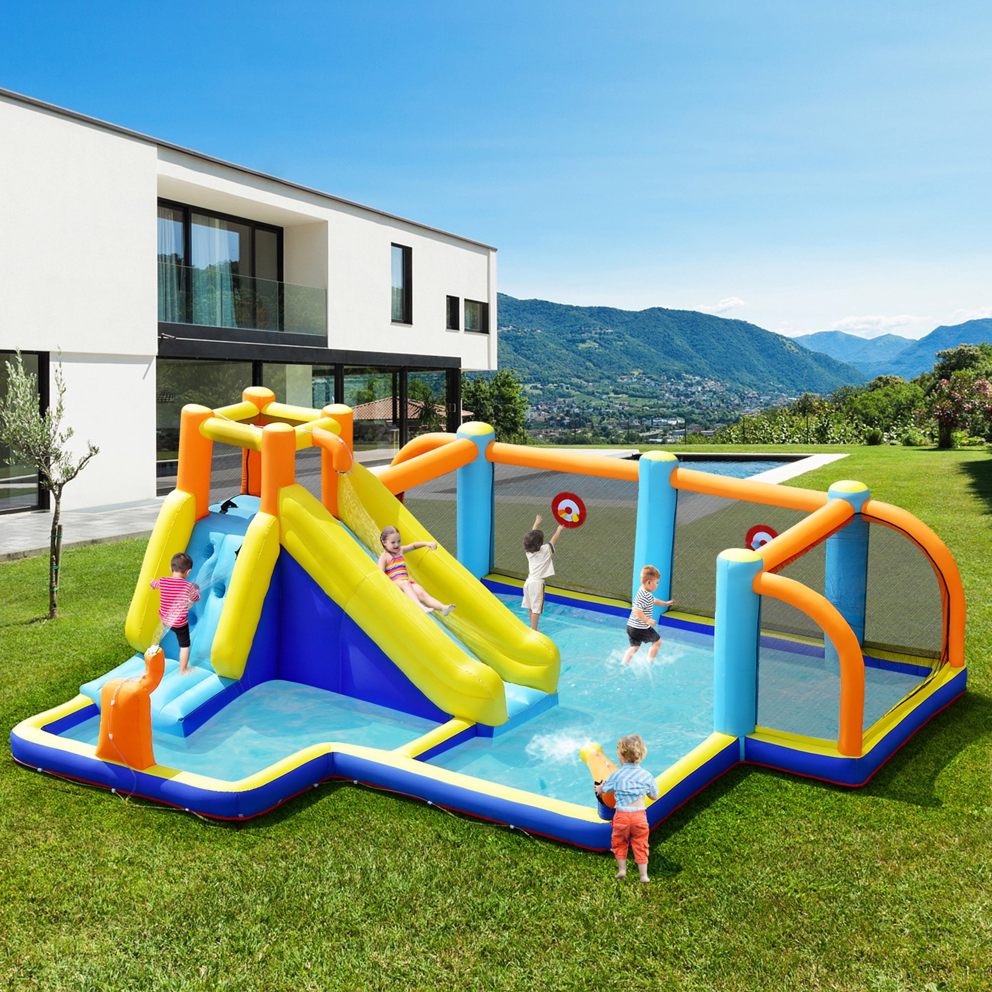Gymax Inflatable Water Slide 7-in-1 Giant Kids Wet Dry Bounce House w/ 735W Blower