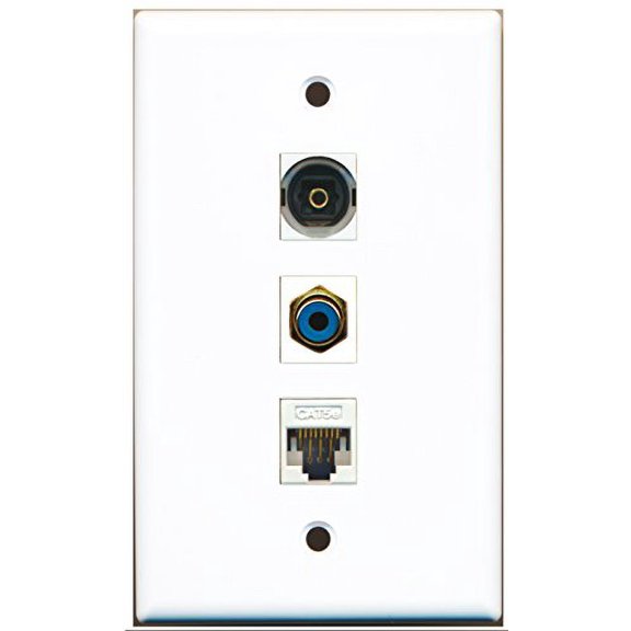 RiteAV - 1 Port RCA Blue and 1 Port Toslink and 1 Port Cat5e Ethernet White Wall Plate