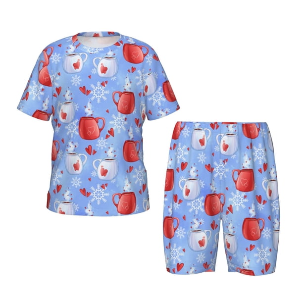 Fotbe coffee love cup winter Pijama Estampada de 2 Piezas para Niños – Ropa de Dormir de Manga Corta Cómoda para Niños y Niñas, Camiseta y Shorts de Algodón-4X-Large
