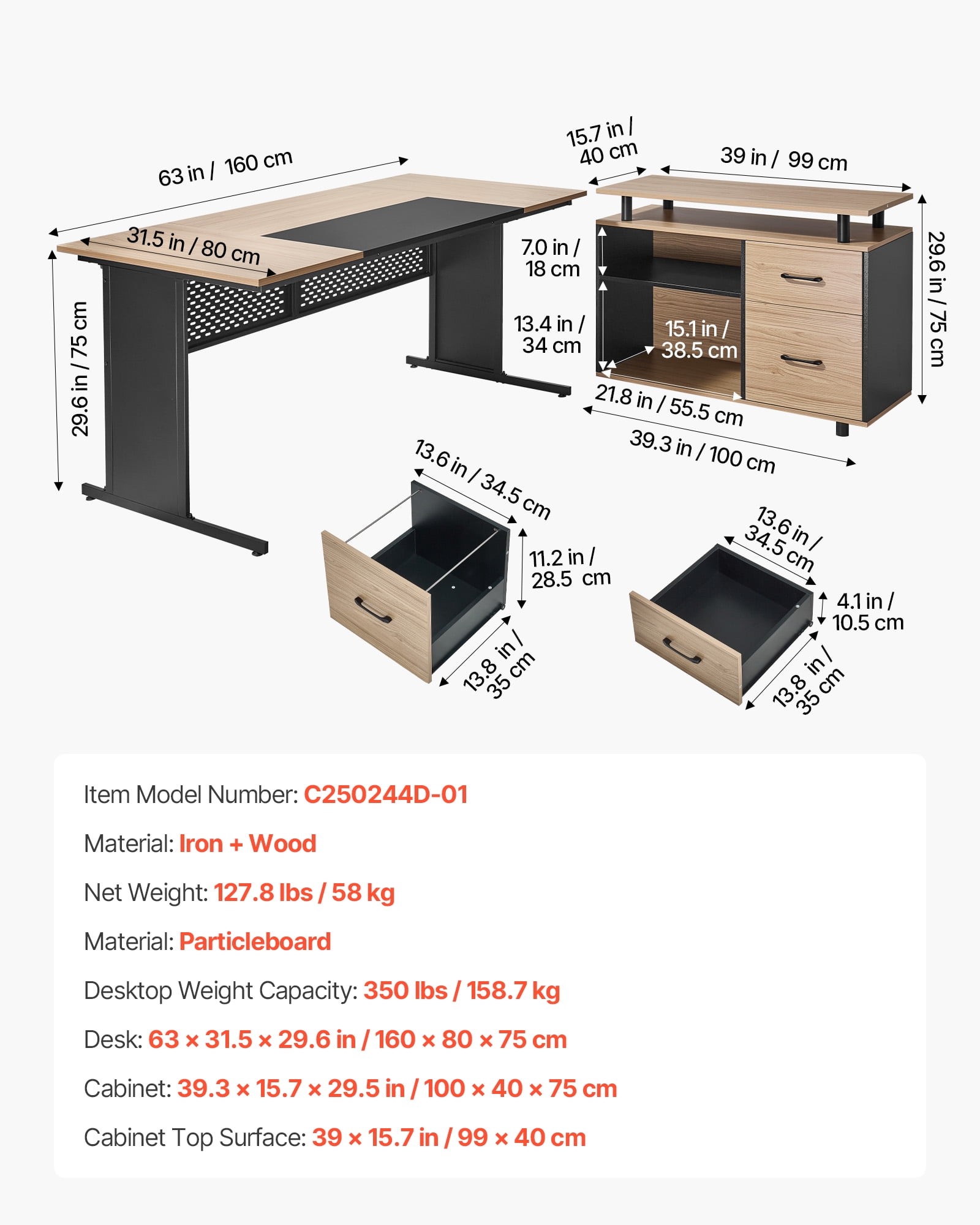 VEVOR L-Shaped Executive Desk, Modern Reversible Office Table with Drawers & Storage Cabinet, Heavy Duty Large Wooden Executive Table, 350 LBS Load Capacity, Easy Assembly, for Work Study Writing