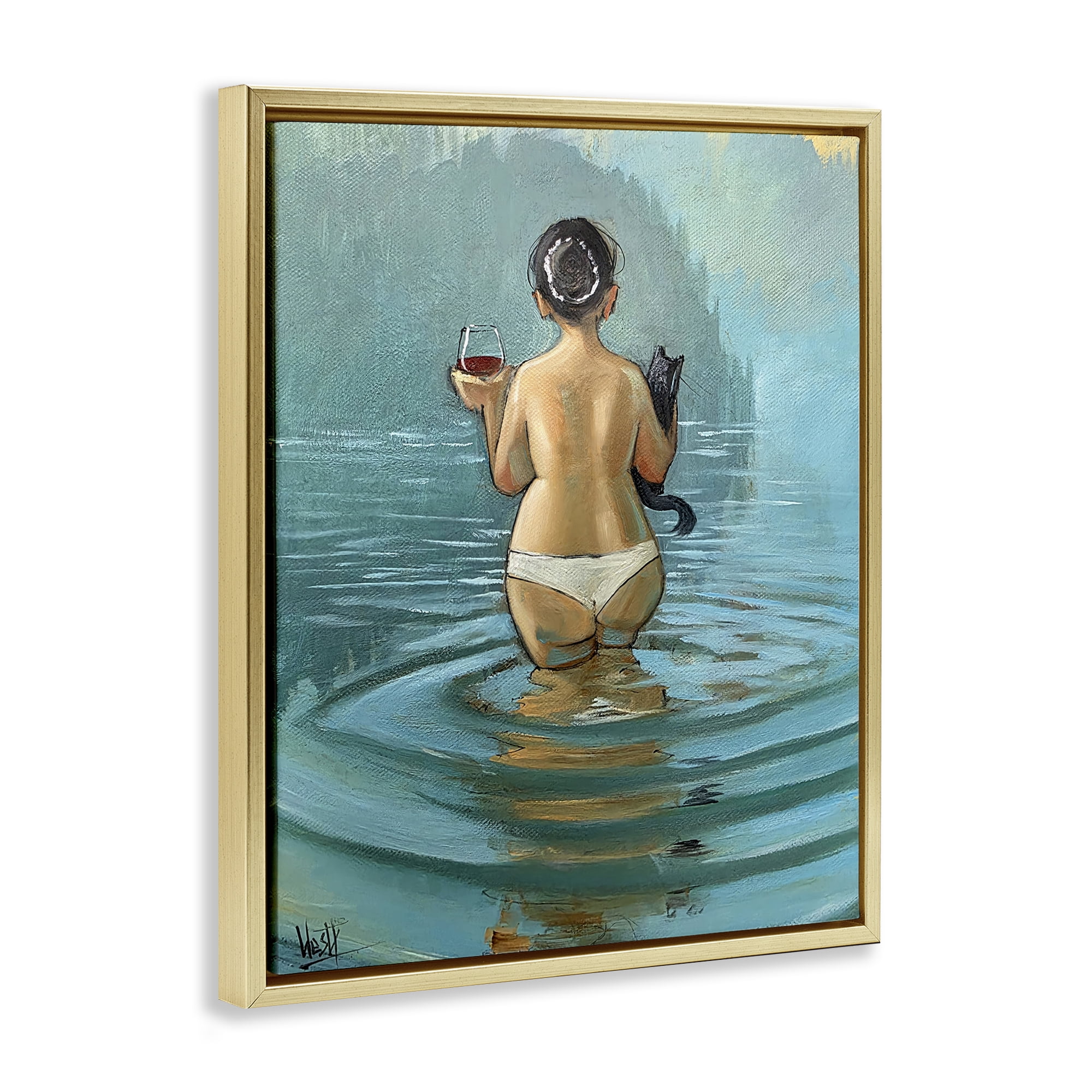 Stupell Industries Cat & Wine Dip At Twilight Gold Framed Floater Canvas Wall Art, design by Ronald West